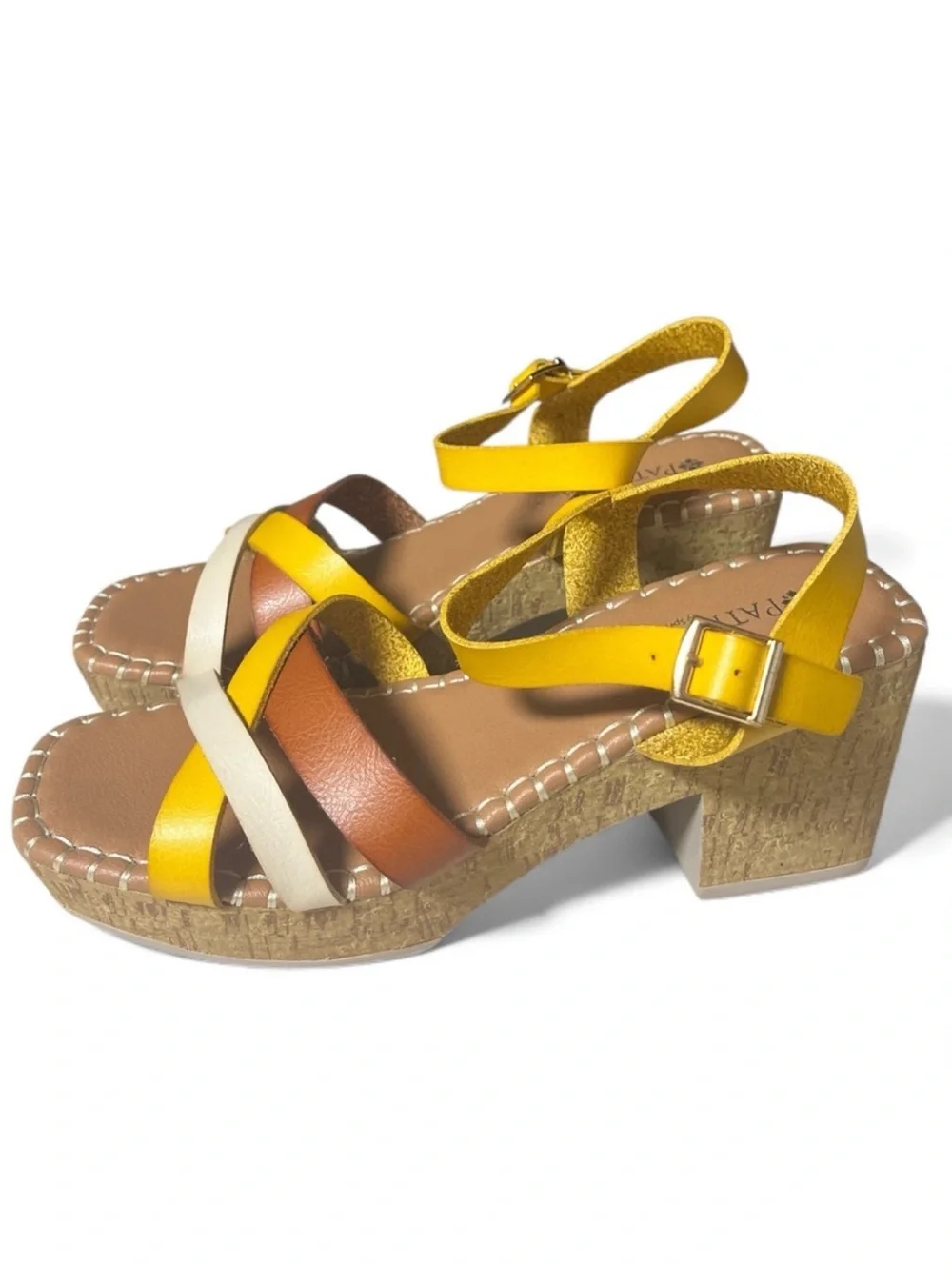 Spring Step Patrizia Yellow, Brown & Cream Cork Wedge Sandals